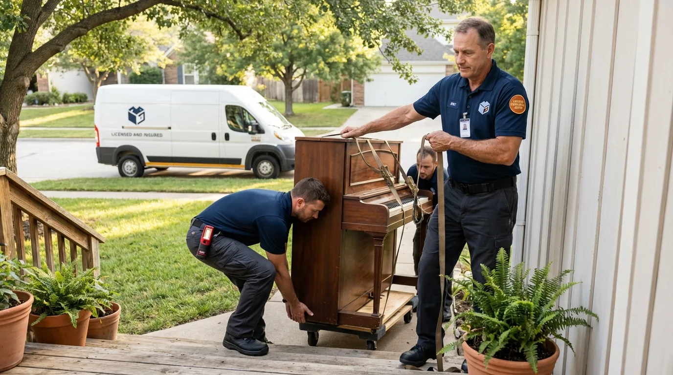 Licensed piano movers securing grand piano in Castleton, VT