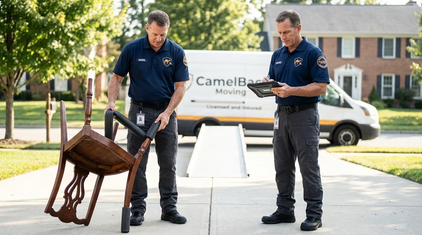 Movers inspecting furniture for damage prevention before loading in Castleton, VT