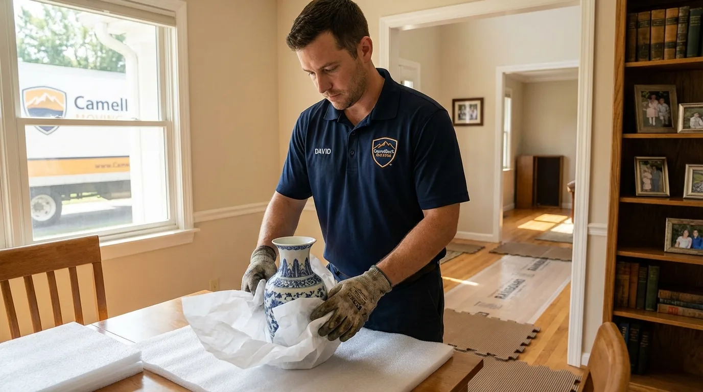 Professional crew carefully wrapping antique vase for senior downsizing move in Castleton, VT