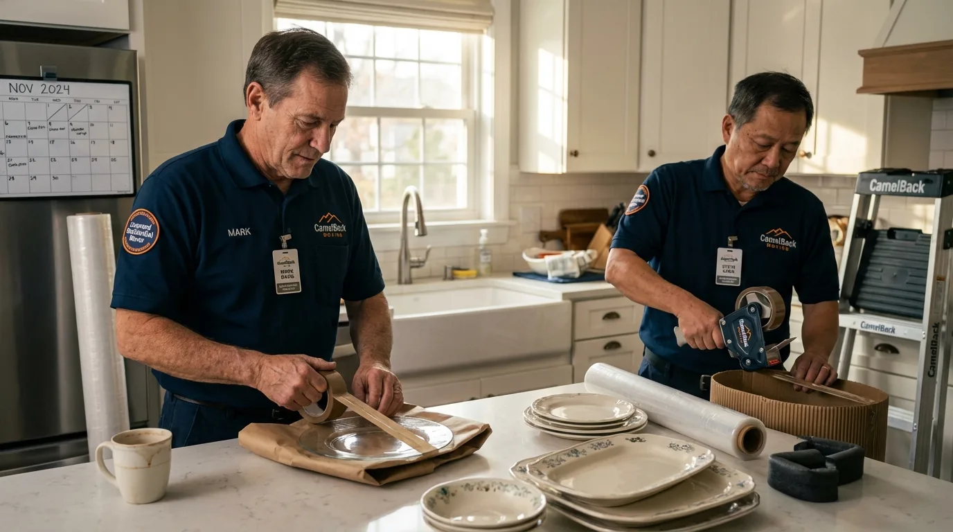 Professional crew packing kitchen dishware in Castleton, VT